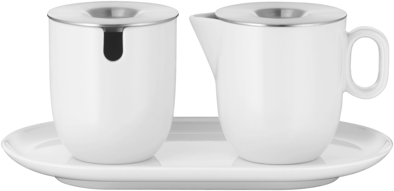 WMF Milch & Zucker Set BARISTA WMF Barista Milch & Zucker Set aus weißem Porzellan mit Edelstahl-Deckeln, bestehend aus einer Milchkanne und einem Zuckergefäß auf einem Tablett, seitliche Perspektive.