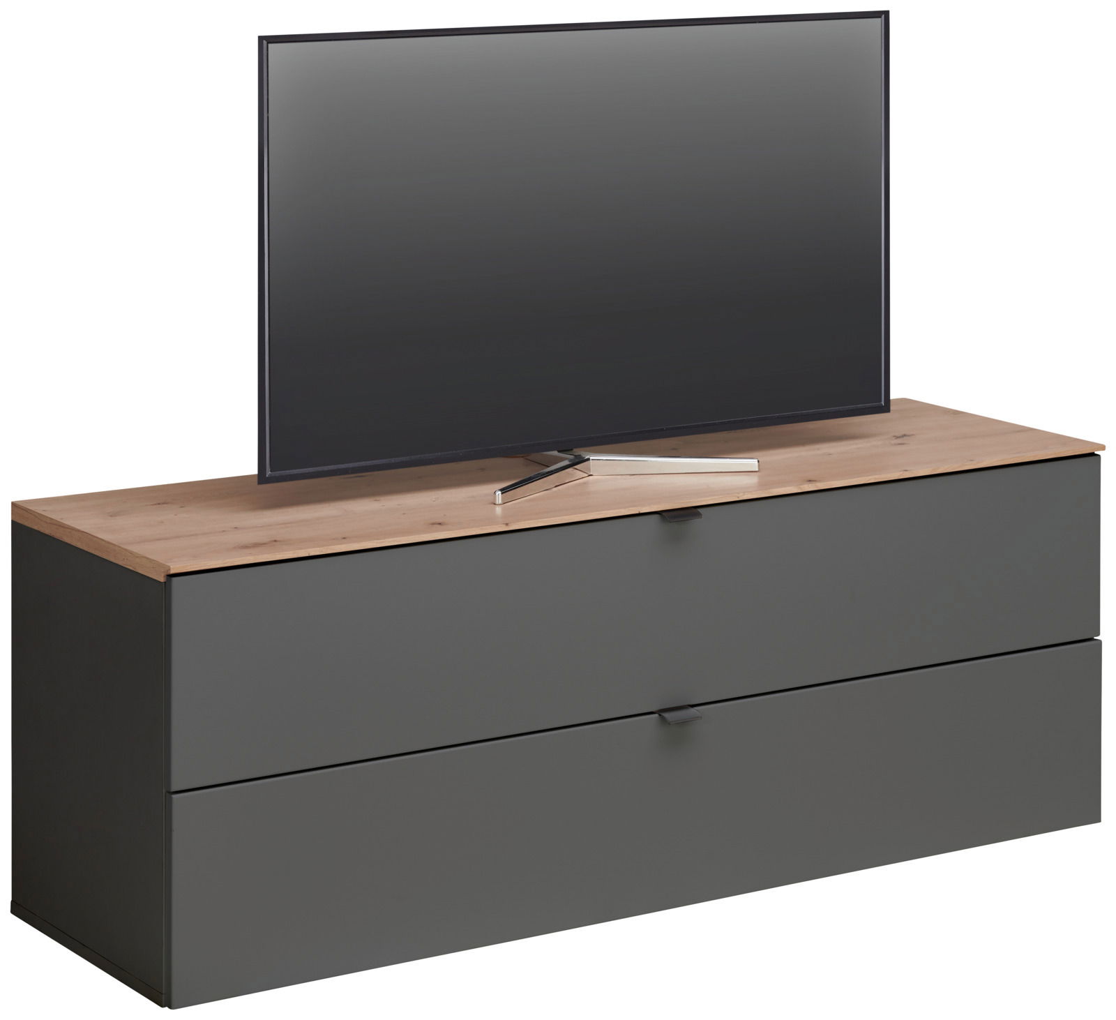 TV-Lowboard DIANA in moderner Frontansicht mit Holzoberfläche und grauen Schubladen, darauf steht ein Flachbildfernseher.