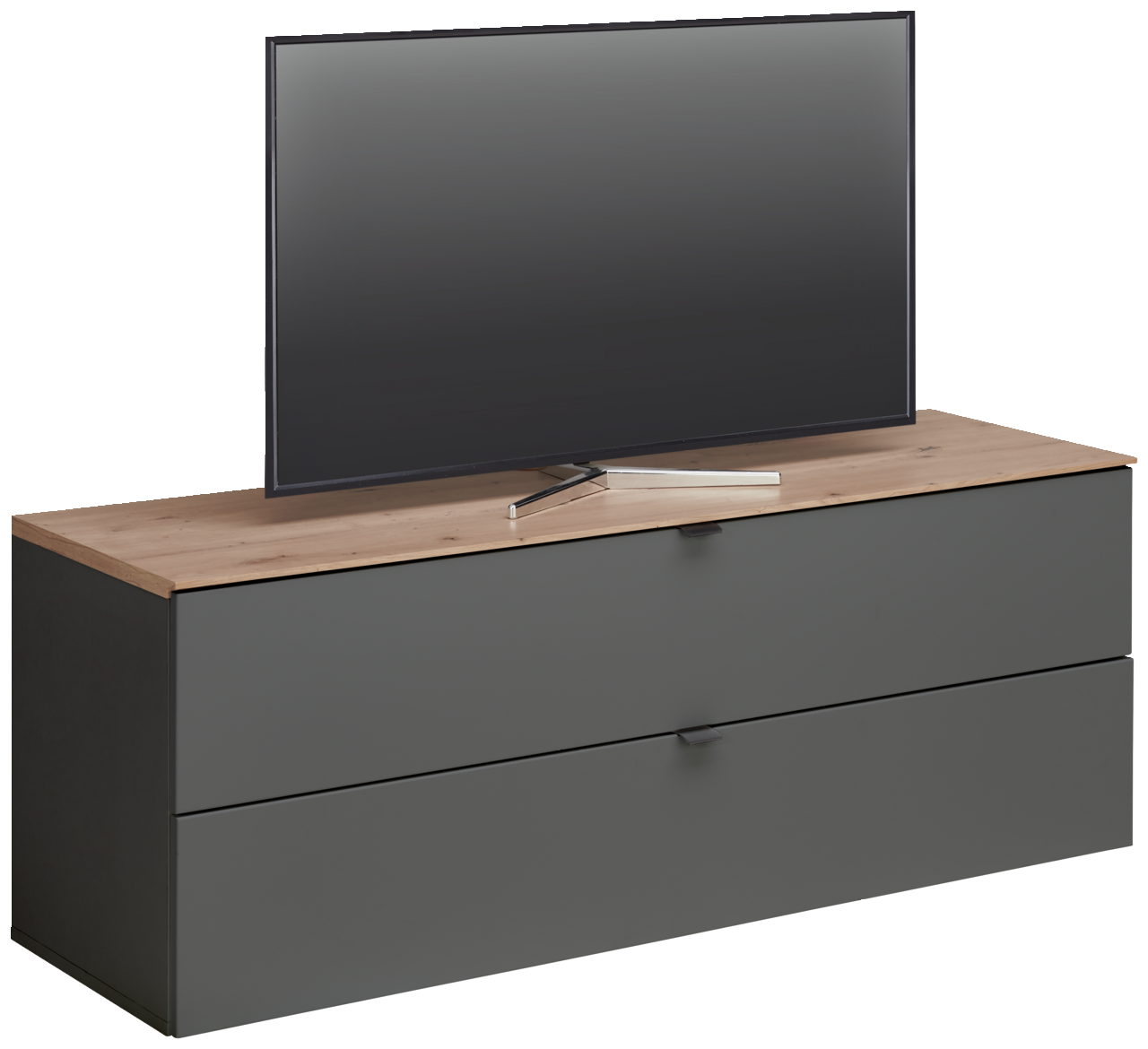 TV-Lowboard DIANA in moderner Frontansicht mit Holzoberfläche und grauen Schubladen, darauf steht ein Flachbildfernseher.
