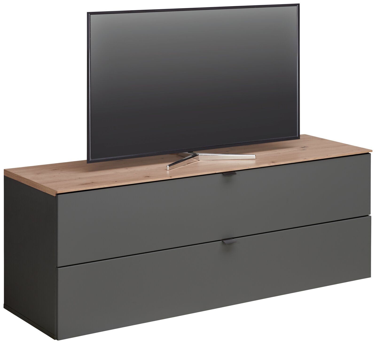 TV-Lowboard DIANA in moderner Frontansicht mit Holzoberfläche und grauen Schubladen, darauf steht ein Flachbildfernseher.