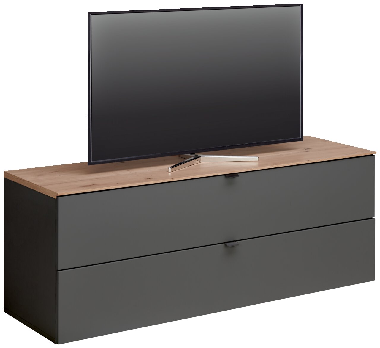 TV-Lowboard DIANA in moderner Frontansicht mit Holzoberfläche und grauen Schubladen, darauf steht ein Flachbildfernseher.