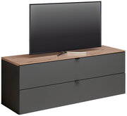 TV-Lowboard DIANA in moderner Frontansicht mit Holzoberfläche und grauen Schubladen, darauf steht ein Flachbildfernseher.