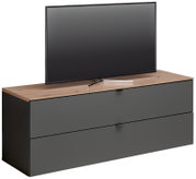 TV-lowboard DIANA in modern vooraanzicht met houten afwerking en grijze lades, met daarop een flatscreen-tv.