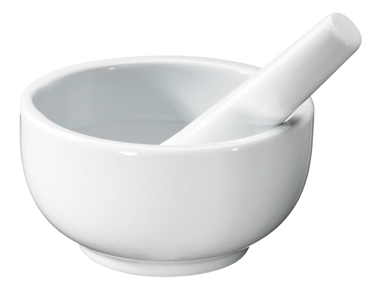 Weißer Porzellan-Mörser mit Stößel, seitliche Perspektive
