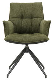 Grüner Sessel mit gepolstertem Sitz und Rückenlehne, auf schwarzem Metallgestell, Frontalansicht