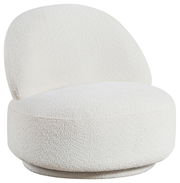 Weißer, moderner Sessel JANINA mit runder Form, aus seitlicher Perspektive fotografiert.