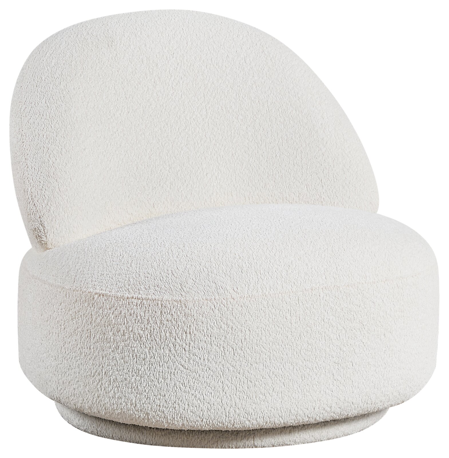 Weißer, moderner Sessel JANINA mit runder Form, aus seitlicher Perspektive fotografiert.