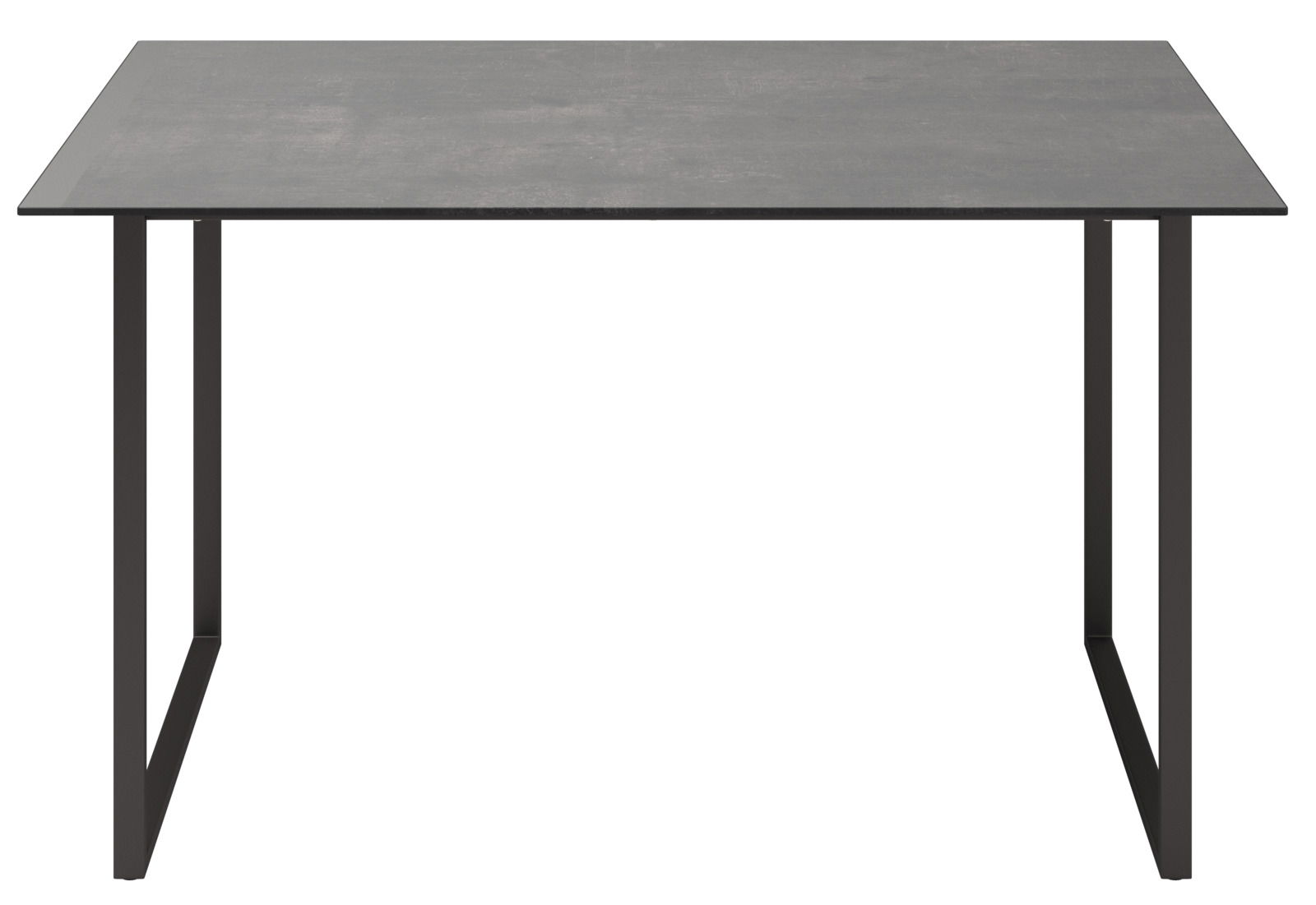 Moderner Loungetisch mit rechteckiger, dunkler Tischplatte und schlanken, schwarzen Metallbeinen, Frontalansicht.