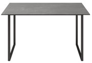 Moderne salontafel met een rechthoekig, donker tafelblad en slanke, zwarte metalen poten, gezien van voren.