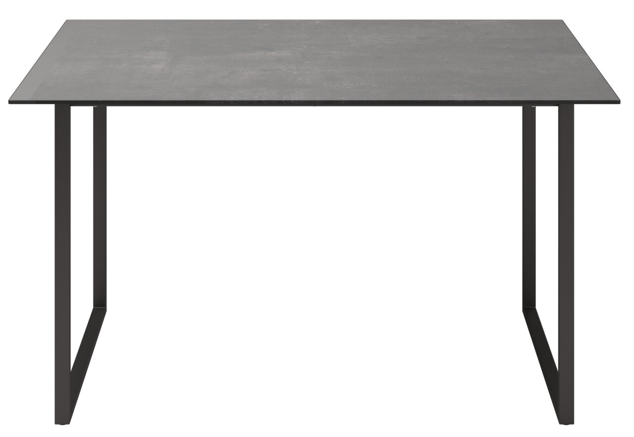 Moderne salontafel met een rechthoekig, donker tafelblad en slanke, zwarte metalen poten, gezien van voren.