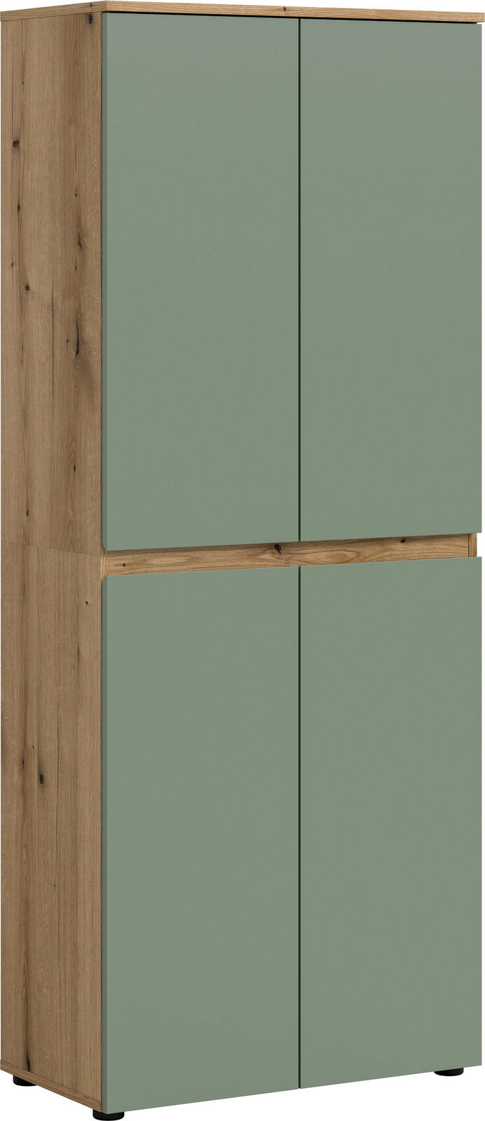 MID.YOU Universalschrank SCARPA Hoher zweitüriger Schrank in Holzoptik mit matten salbeigrünen Fronten, freigestellt auf weißem Hintergrund, in leichter Front-Links-Perspektive