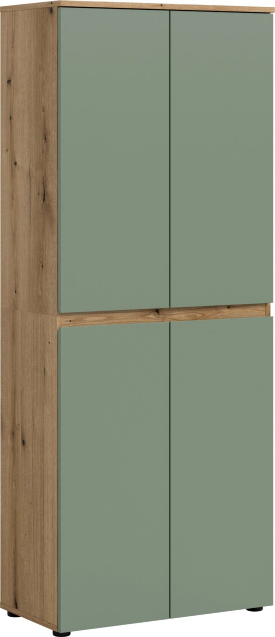 MID.YOU Universalschrank SCARPA Hoher zweitüriger Schrank in Holzoptik mit matten salbeigrünen Fronten, freigestellt auf weißem Hintergrund, in leichter Front-Links-Perspektive