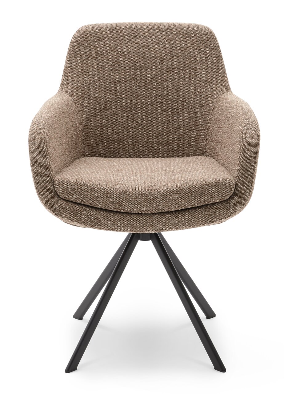 Moderne fauteuil met bruine stoffen bekleding en een zwart metalen frame, vooraanzicht