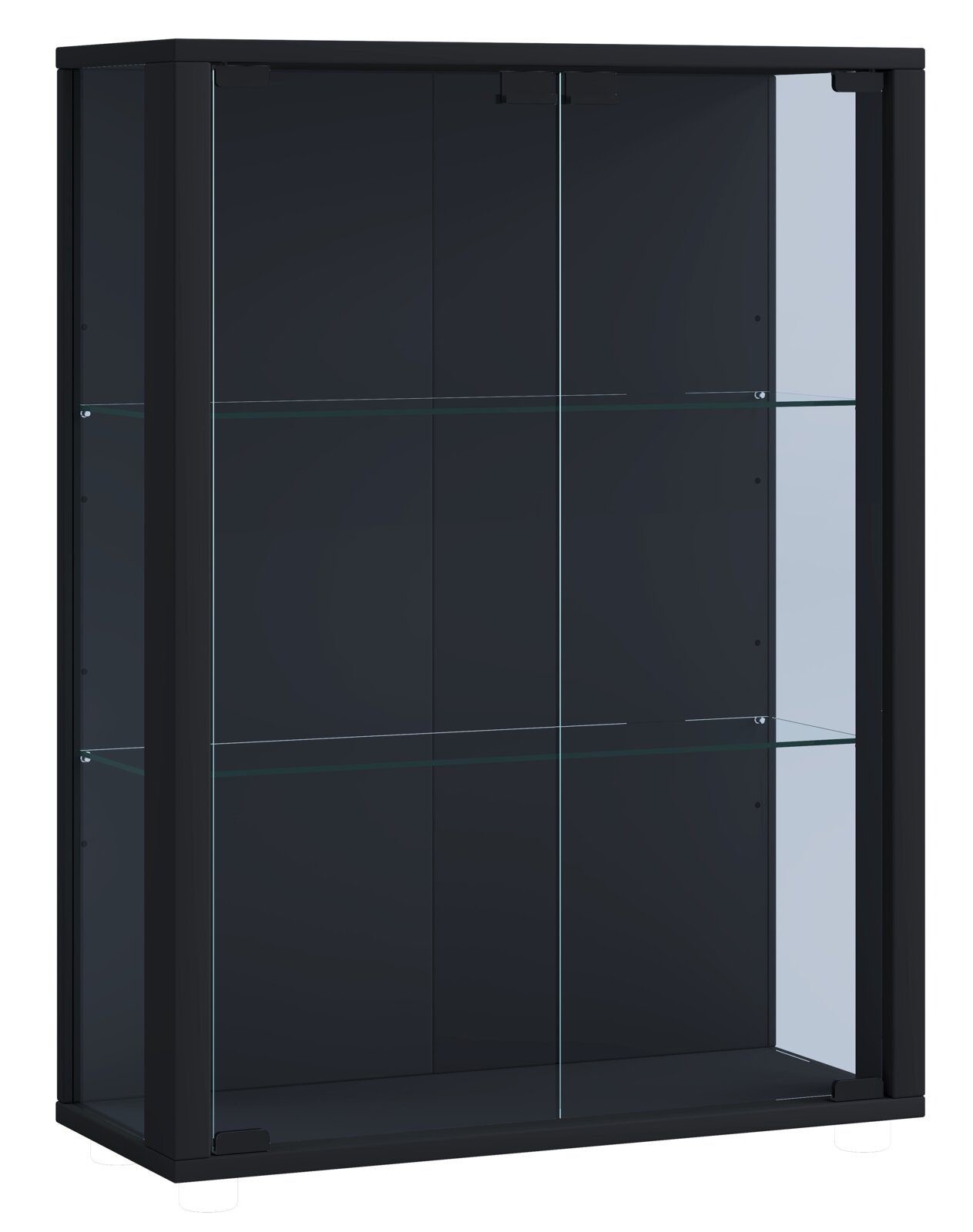 Schwarze Glasvitrine mit zwei transparenten Glastüren und zwei Glasböden, freistehend vor hellem Hintergrund, Frontansicht leicht von links.