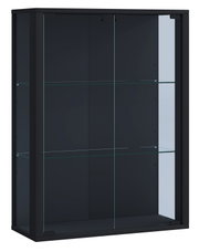Schwarze Glasvitrine mit zwei transparenten Glastüren und zwei Glasböden, freistehend vor hellem Hintergrund, Frontansicht leicht von links.