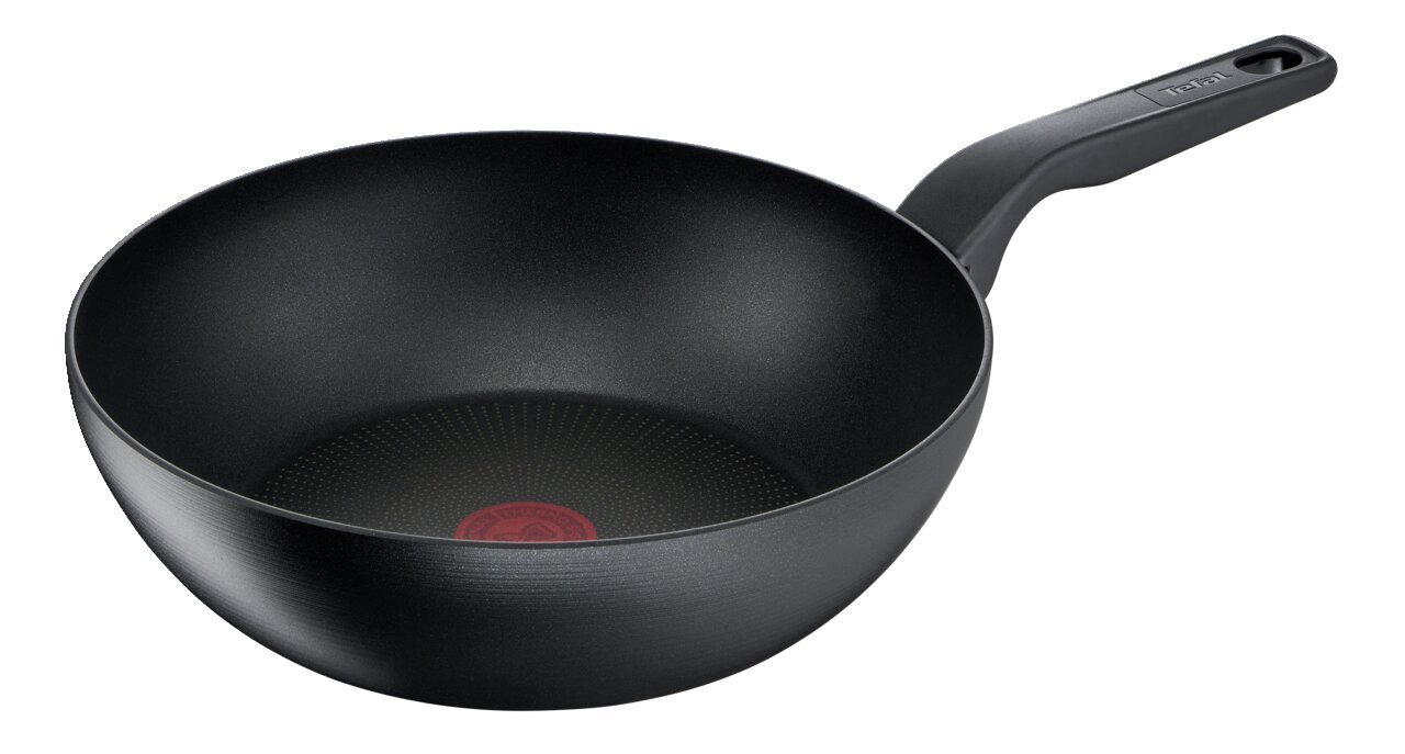 Schwarze Wokpfanne Titanium 28 cm mit rotem Thermo-Spot, seitliche Perspektive