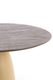 Runder Esstisch mit Holzoptik, seitliche Perspektive