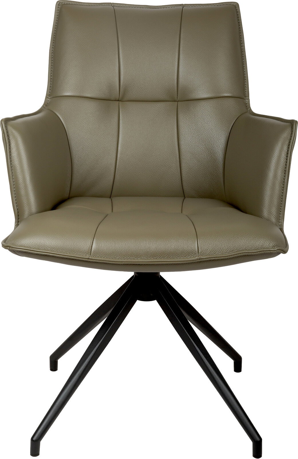 Gepolsterter Drehstuhl mit Armlehnen in taupefarbenem Lederlook und schwarzem Metall-Sternfuß, Frontansicht