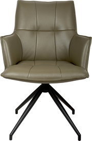 Gepolsterter Drehstuhl mit Armlehnen in taupefarbenem Lederlook und schwarzem Metall-Sternfuß, Frontansicht