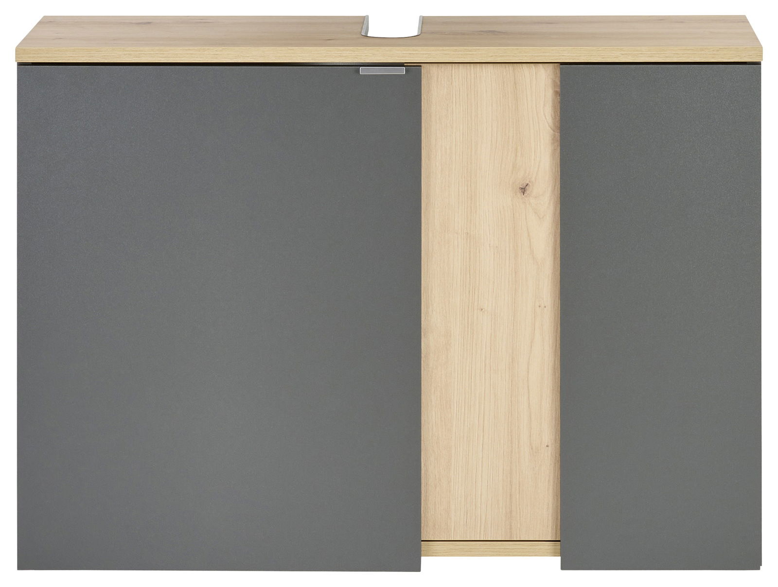 Waschbeckenunterschrank 80 cm in grauer und holzfarbener Optik, Frontalansicht