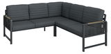Ecksofa mit dunkelgrauen Polstern und schwarzem Metallrahmen, seitliche Perspektive