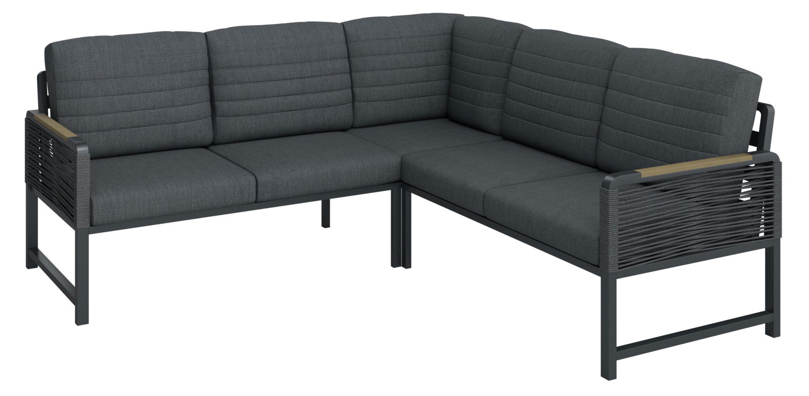 Ecksofa mit dunkelgrauen Polstern und schwarzem Metallrahmen, seitliche Perspektive