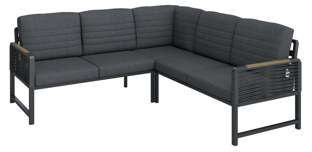 Ecksofa mit dunkelgrauen Polstern und schwarzem Metallrahmen, seitliche Perspektive
