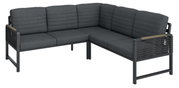 Ecksofa mit dunkelgrauen Polstern und schwarzem Metallrahmen, seitliche Perspektive