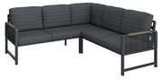 Ecksofa mit dunkelgrauen Polstern und schwarzem Metallrahmen, seitliche Perspektive