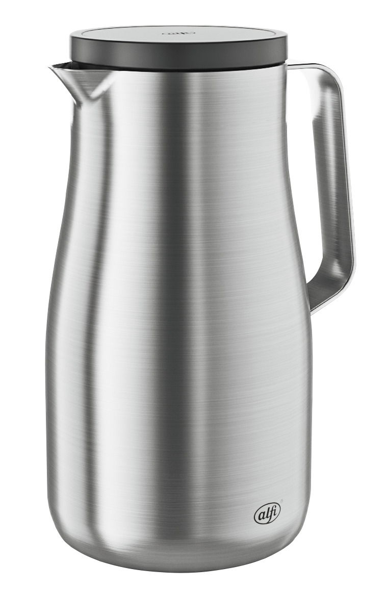 Silberne Isolierkanne Studio aus Edelstahl, seitliche Perspektive