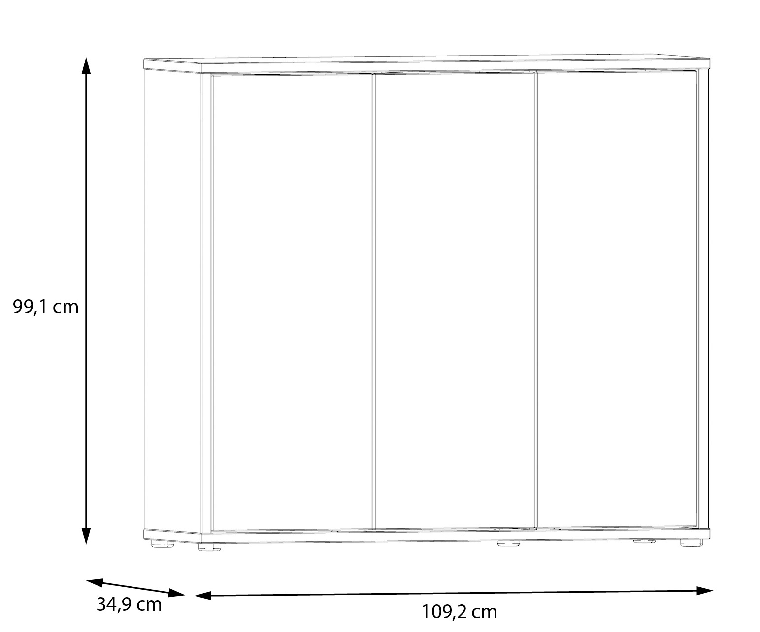 Frontansicht eines niedrigen XL-Schuhschranks mit drei Türen, Maße: 99,1 cm hoch, 109,2 cm breit, 34,9 cm tief.