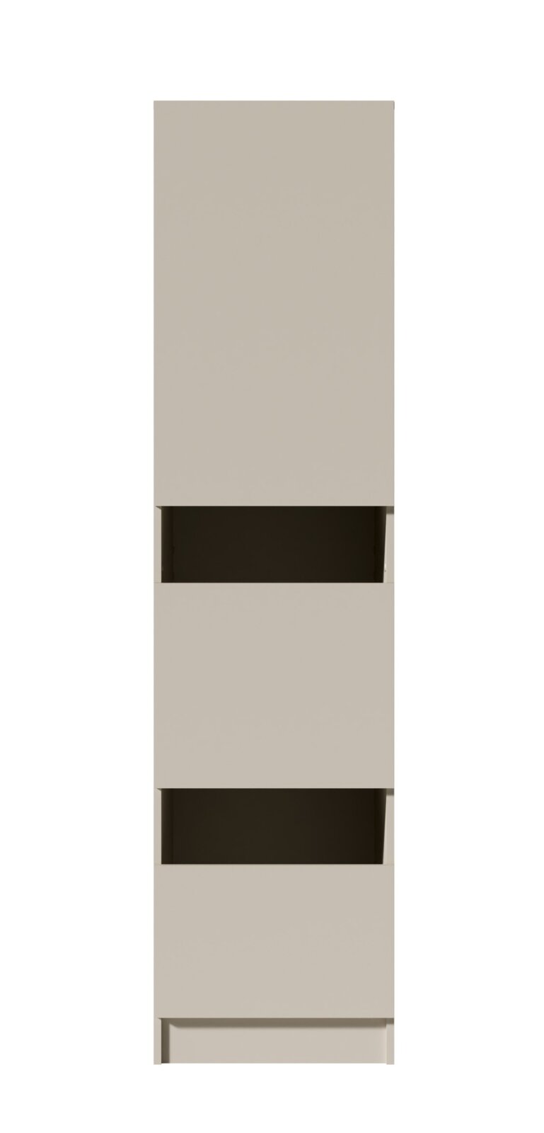 Hoher, moderner Hochschrank in hellem Beige mit drei offenen Fächern und Sockel, freigestellt auf weißem Hintergrund, Frontalansicht
