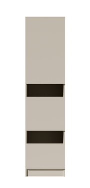 Hoher, moderner Hochschrank in hellem Beige mit drei offenen Fächern und Sockel, freigestellt auf weißem Hintergrund, Frontalansicht