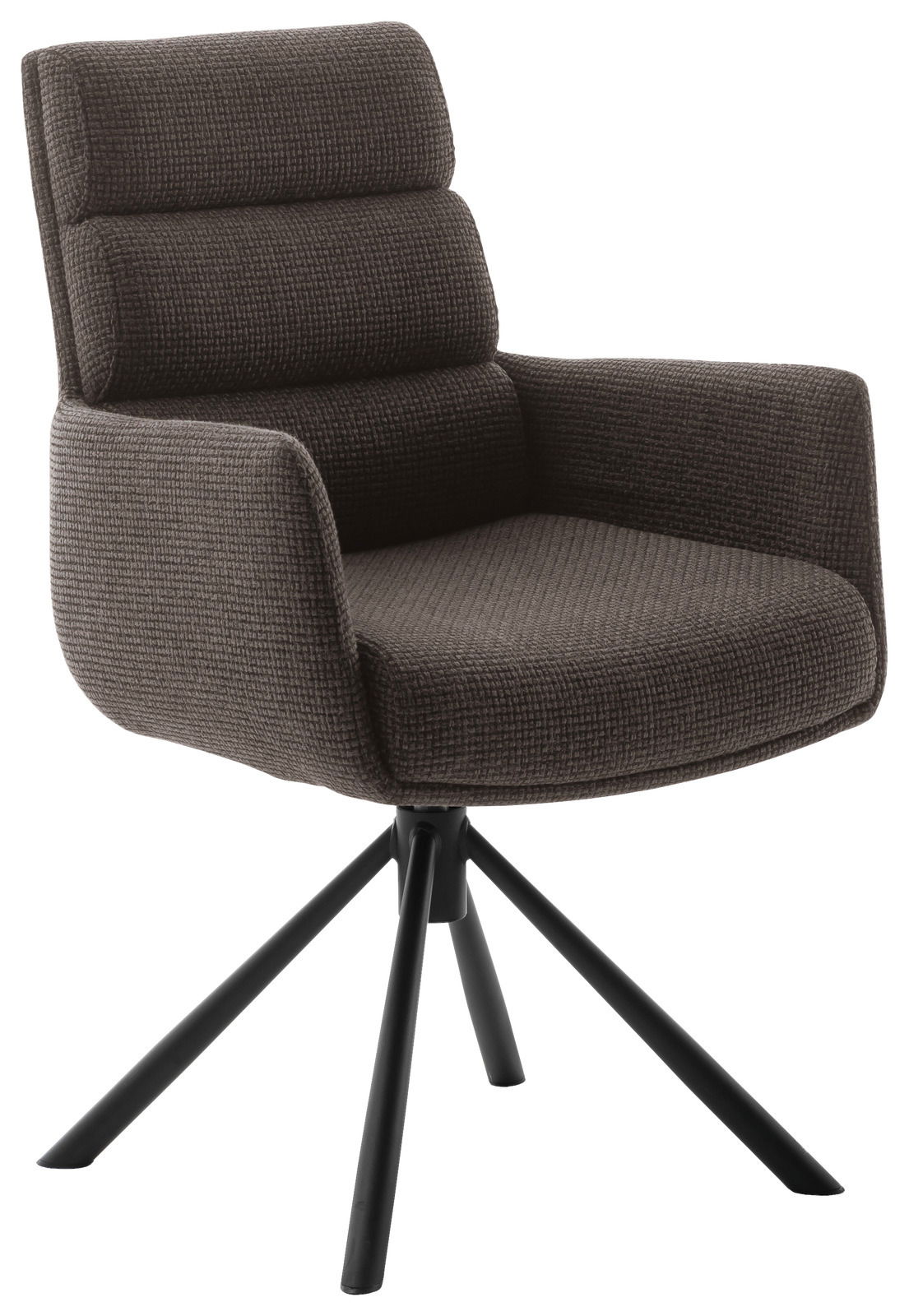 Brauner Armlehnstuhl mit gepolsterter Sitzfläche und Rückenlehne, auf schwarzem Metallgestell, seitliche Perspektive