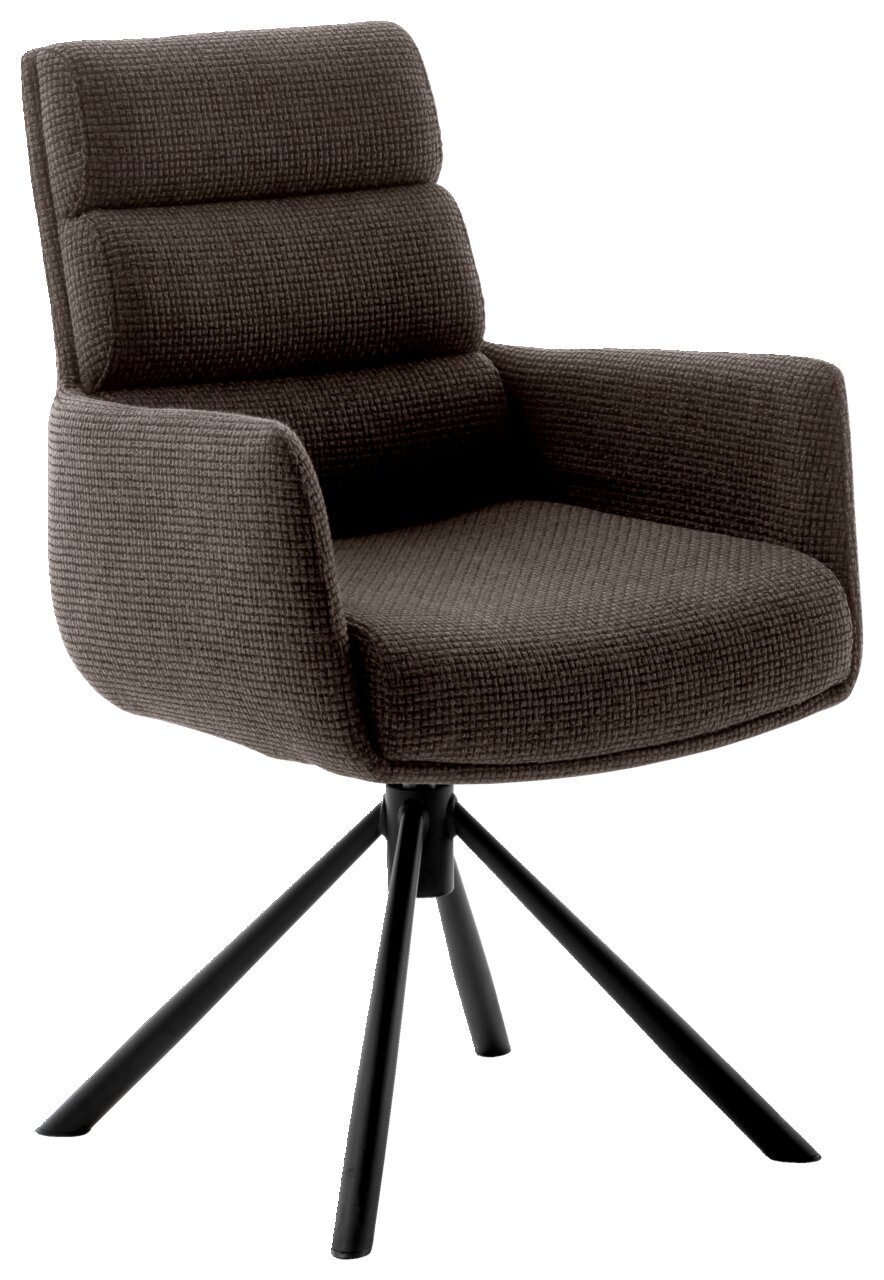 Bruine fauteuil met gestoffeerde zitting en rugleuning, op een zwart metalen onderstel, zijaanzicht