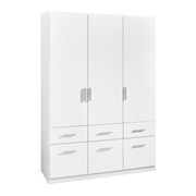 Weißer dreitüriger Drehtürenschrank mit sechs Schubladen, seitliche Perspektive