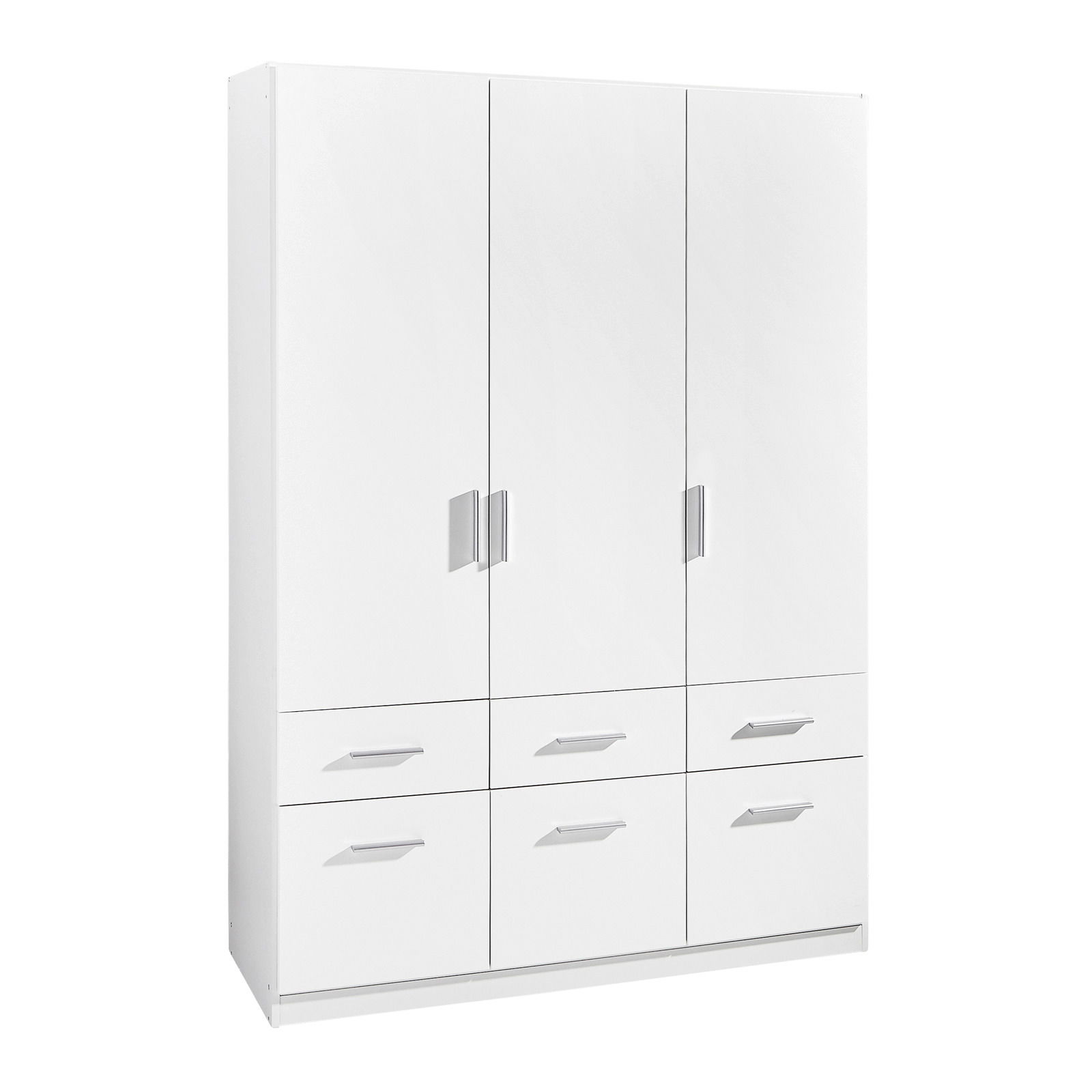 Z2 Drehtürenschrank 3-türig CELLE Weißer dreitüriger Drehtürenschrank mit sechs Schubladen, seitliche Perspektive