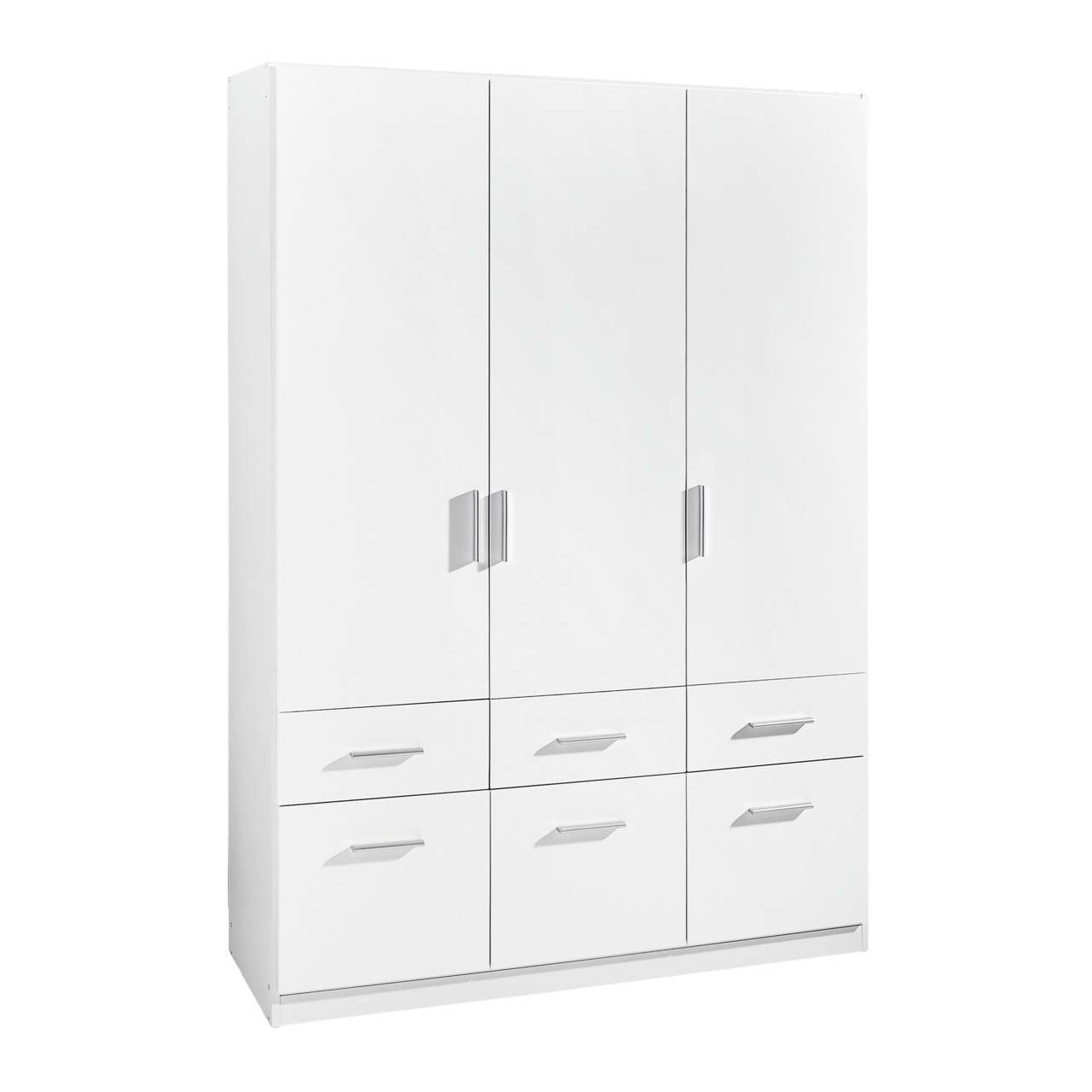 Z2 Drehtürenschrank 3-türig CELLE Weißer dreitüriger Drehtürenschrank mit sechs Schubladen, seitliche Perspektive