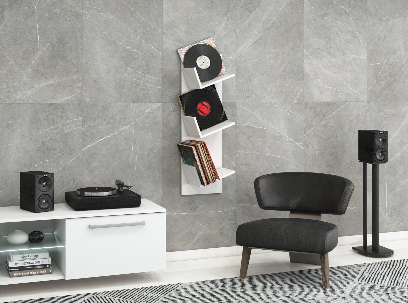 Weißes, wandmontiertes Vinyl-Schallplattenregal mit drei Ablagen und Schallplatten in modernem Wohnzimmer vor grauer Steinoptik-Wand, Frontansicht in leichter Schrägperspektive