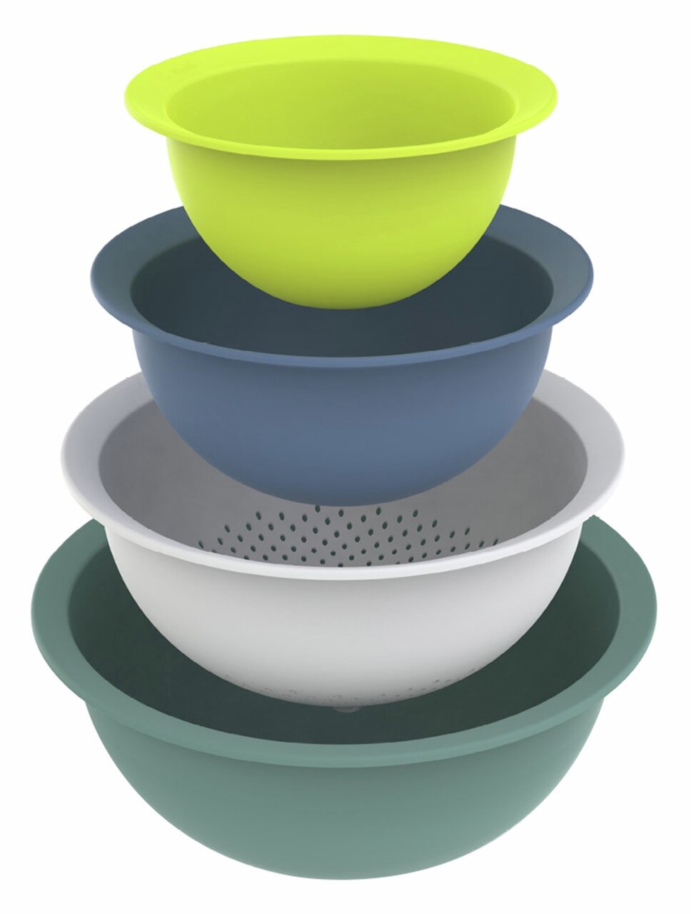 Vier stapelbare Schüsseln und Siebe in verschiedenen Farben, von oben nach unten: gelb, blau, weiß mit Löchern, grün. Ansicht von der Seite.
