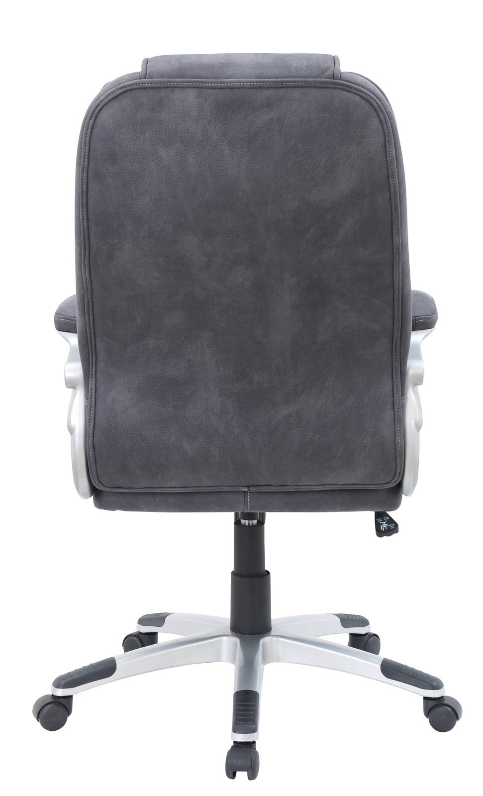 Rückansicht eines grauen Chefsessels mit silbernem Fußkreuz und Rollen