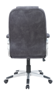 Rückansicht eines grauen Chefsessels mit silbernem Fußkreuz und Rollen