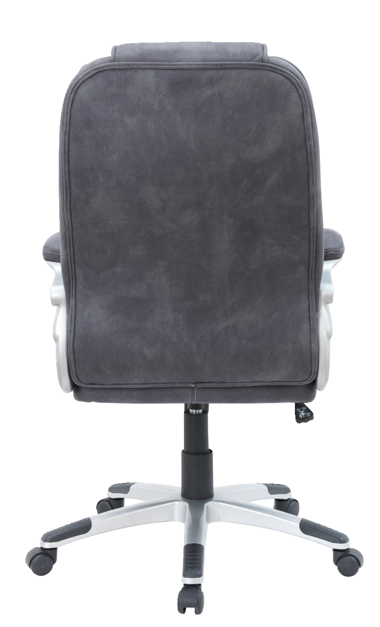 Rückansicht eines grauen Chefsessels mit silbernem Fußkreuz und Rollen