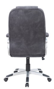 Rückansicht eines grauen Chefsessels mit silbernem Fußkreuz und Rollen