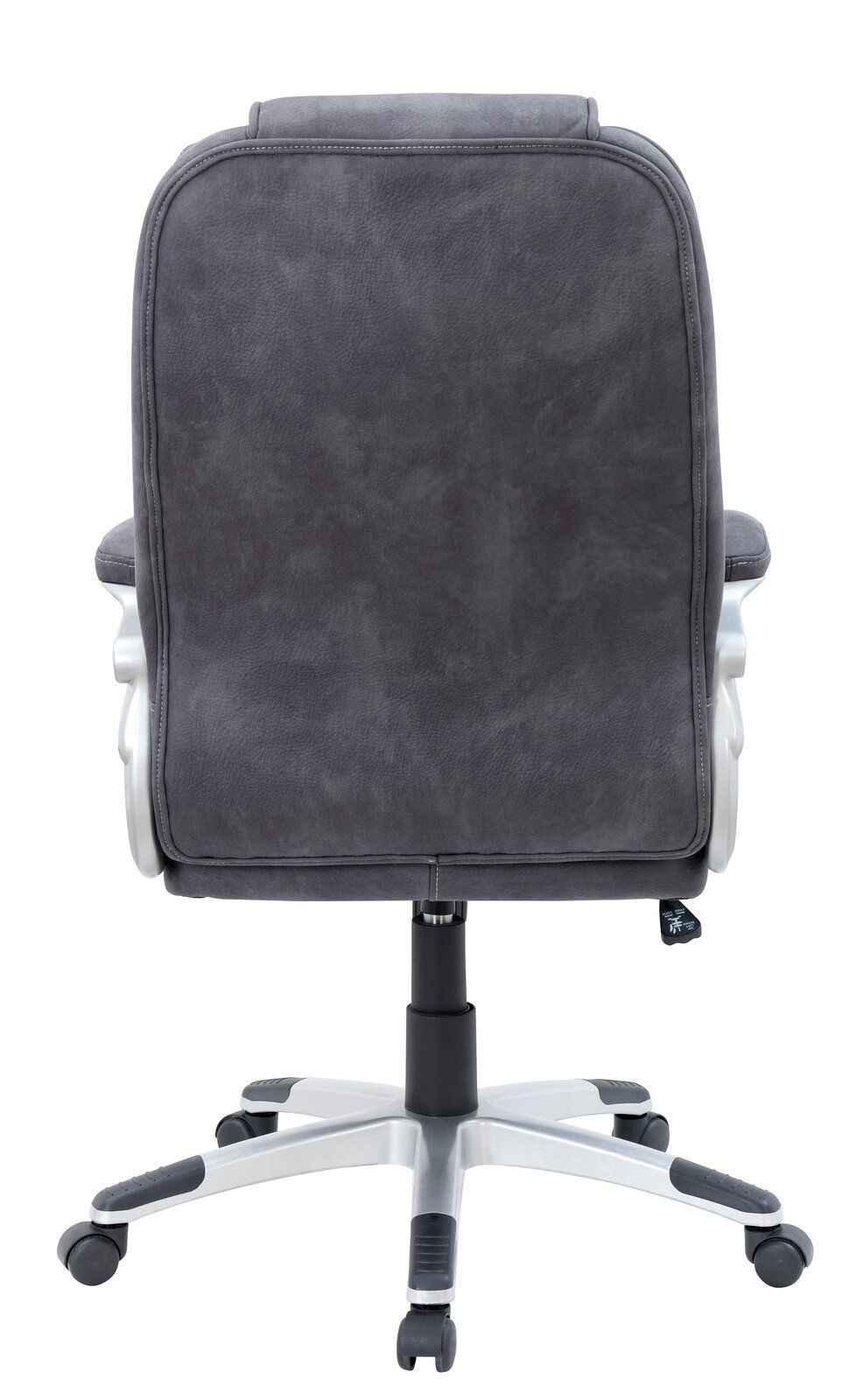 Rückansicht eines grauen Chefsessels mit silbernem Fußkreuz und Rollen