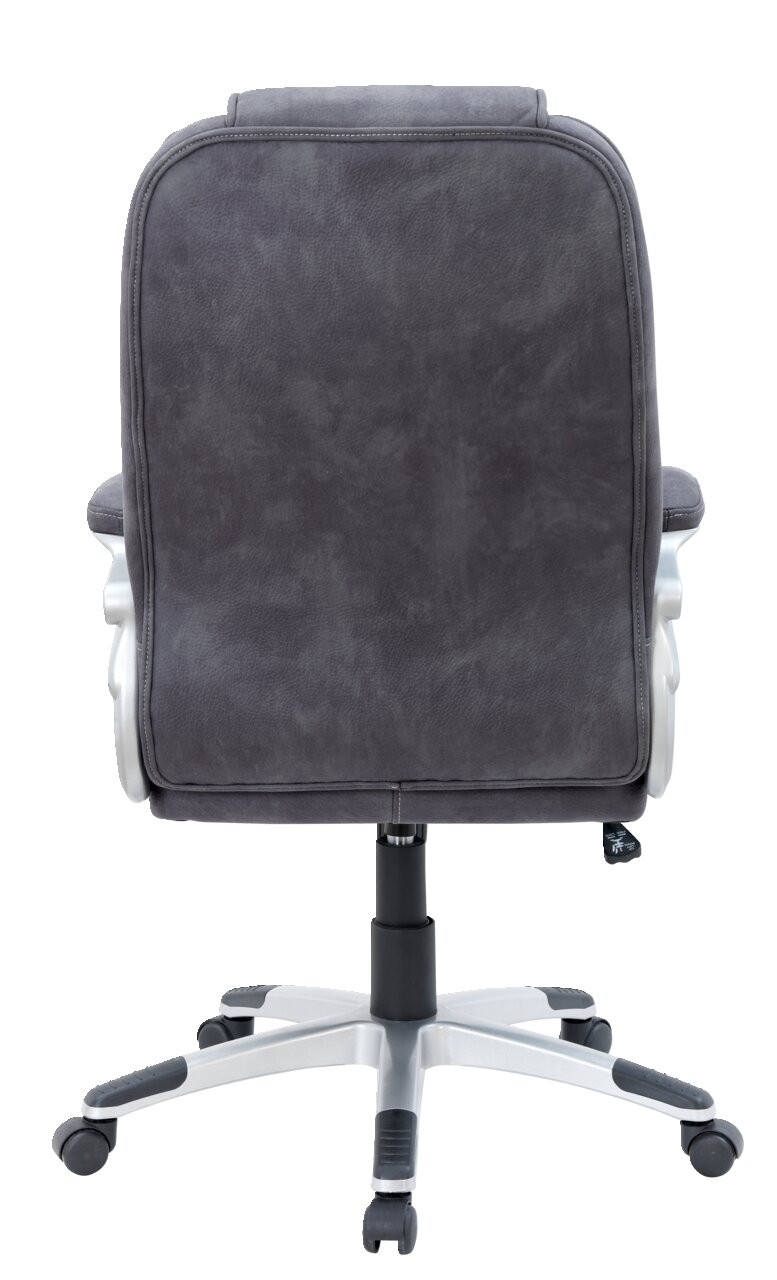 Rückansicht eines grauen Chefsessels mit silbernem Fußkreuz und Rollen