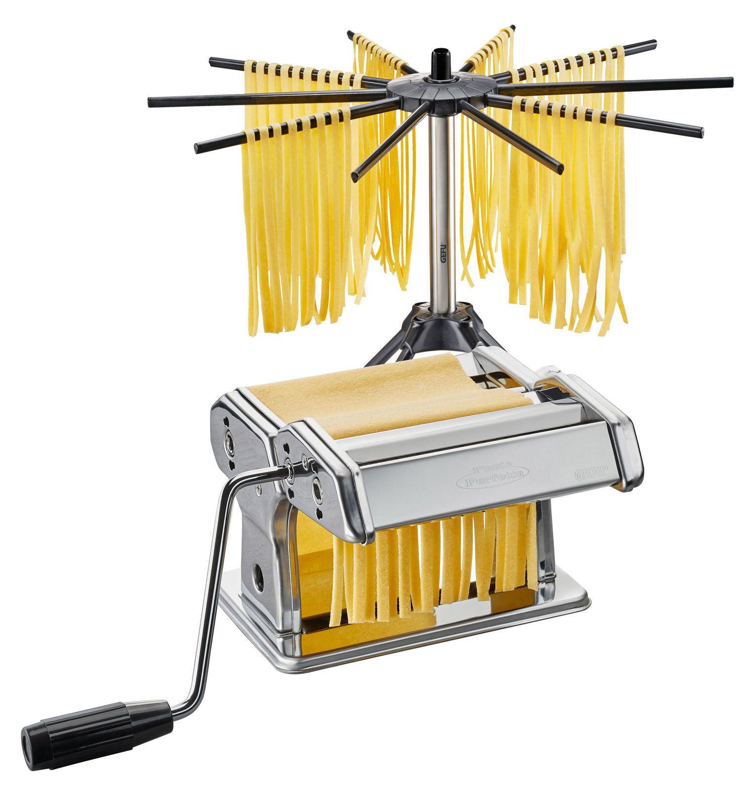 Pasta-Set Perfetta mit Trockner, bestehend aus einer silbernen Nudelmaschine mit Kurbel und einem Trockengestell mit frischen Nudeln, seitliche Perspektive.