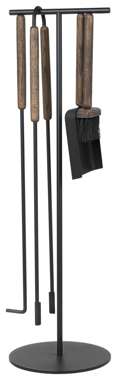 Kaminbesteck 5-teilig Ashi mit Holzgriffen und schwarzem Ständer, Frontalansicht