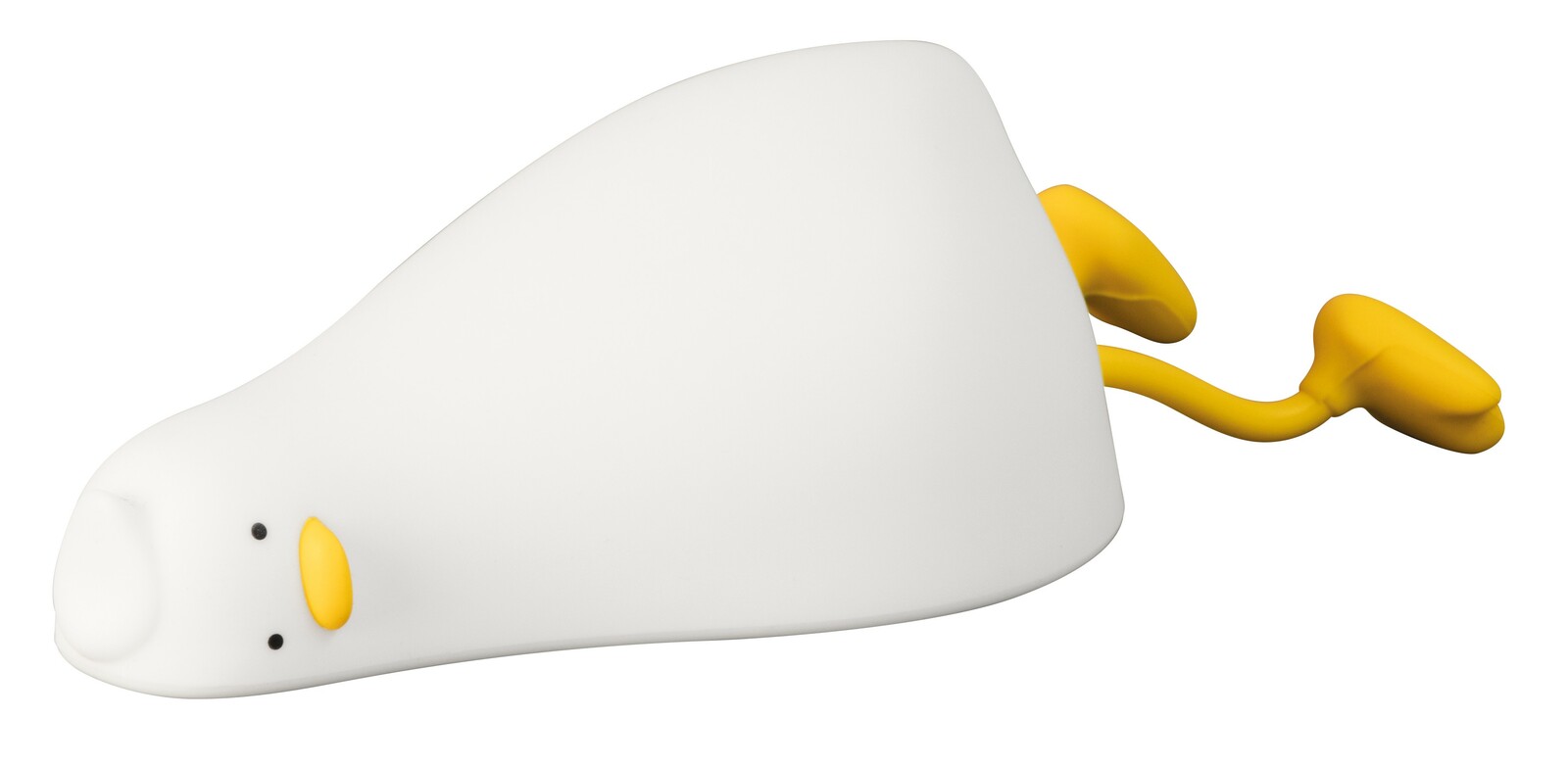 Weiße Akku-Nachtleuchte in Form eines liegenden Tieres mit gelben Beinen, seitliche Perspektive