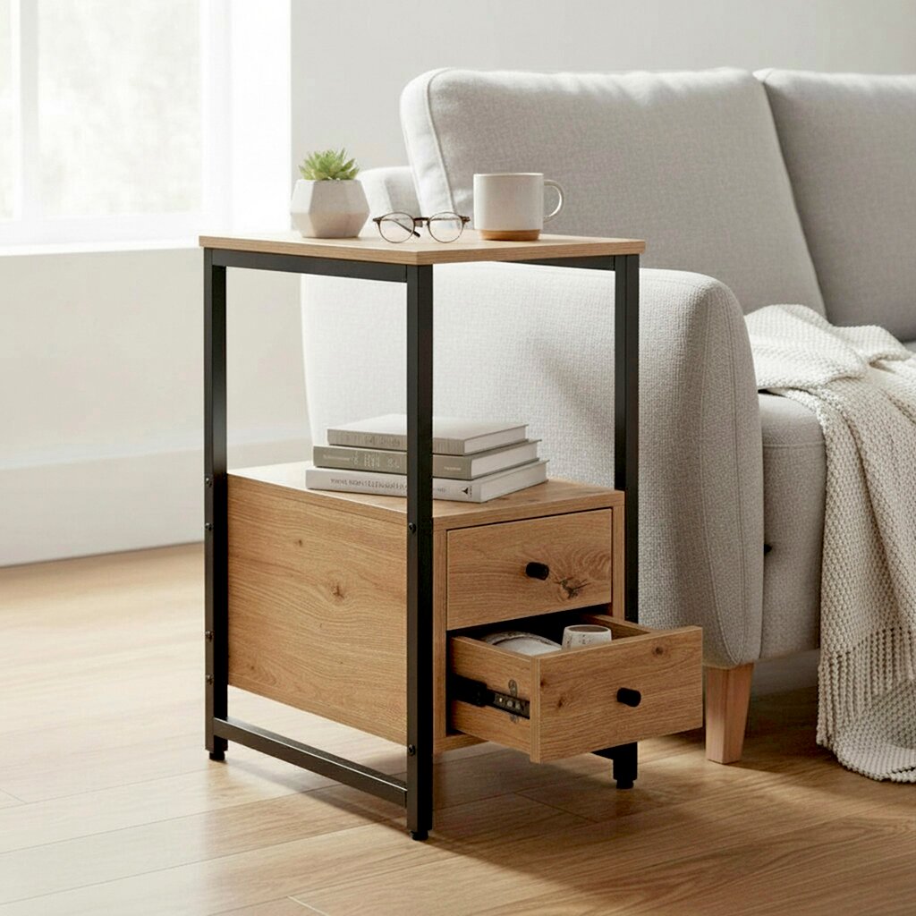 Moderner Beistelltisch/Nachttisch im Industrial-Design mit Holzoptik und schwarzem Metallrahmen, zwei Schubladen und Ablagefach, neben grauem Sofa; Ansicht schräg von vorne.